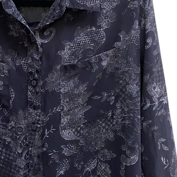 Decree Sheet Floral Whimsigoth Button Up Shirt Black Roll Tab Paisley Witchy-L - Picture 5 of 12